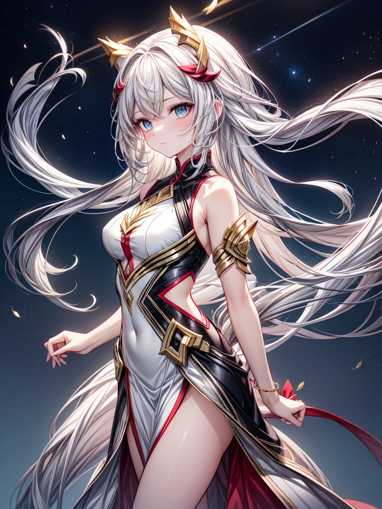 Create a beautiful girl inspired by Solgaleo with a celestial and majestic presence. She has long, flowing hair that glows with a golden light, and piercing eyes. Her sleek, elegant outfit features high slits or cutouts for increased lower body exposure. The background is a cosmic scene with a radiant sun. Show her from various angles to capture her graceful form and the captivating details of her outfit."