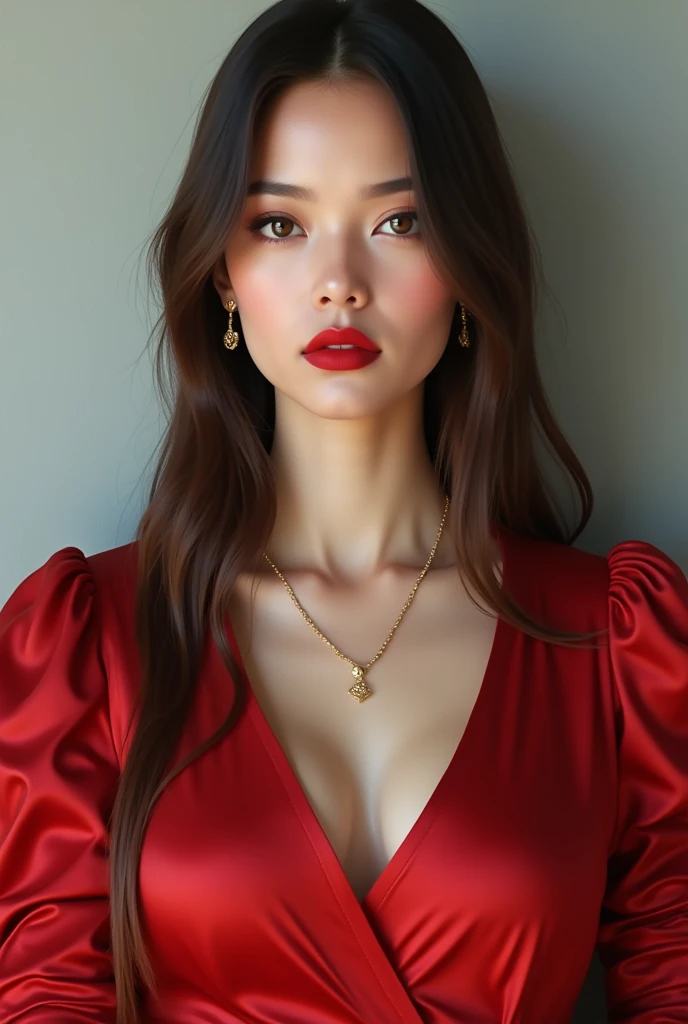 Woman , long straight hair in dark brown color, brown eyes and fair skin. Wear bright red lipstick, with the background of a light gray wall and she is wearing a modest red long dress with sleeves. She is wearing a gold necklace and earrings.