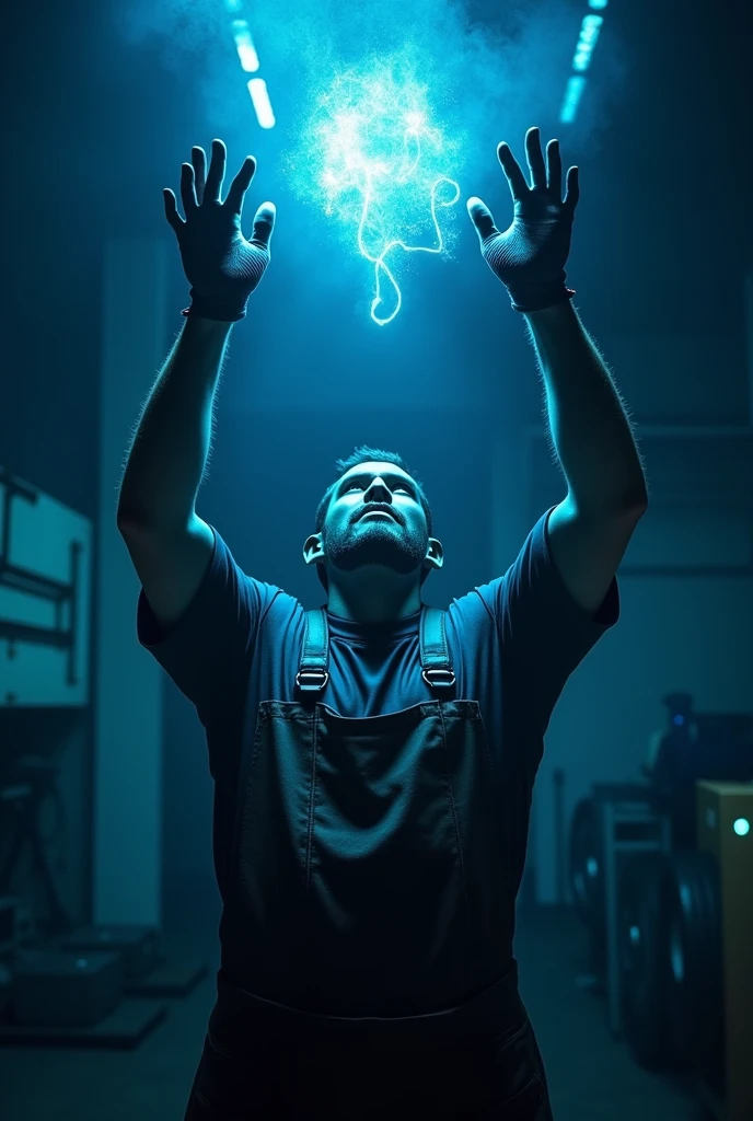 man raising his arms, back look, receiving something by putting your hands together, wearing his gloves and mechanic's apron with blue LED lights