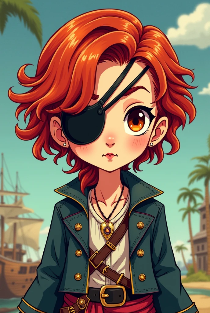 Character in a cartoon fanart style. Red-haired person with unisex features, short curly hair in mullet cut, with an eye patch covering one of the caramel brown eyes. brown skin color. Roupa no estilo de Jack Sparrow 