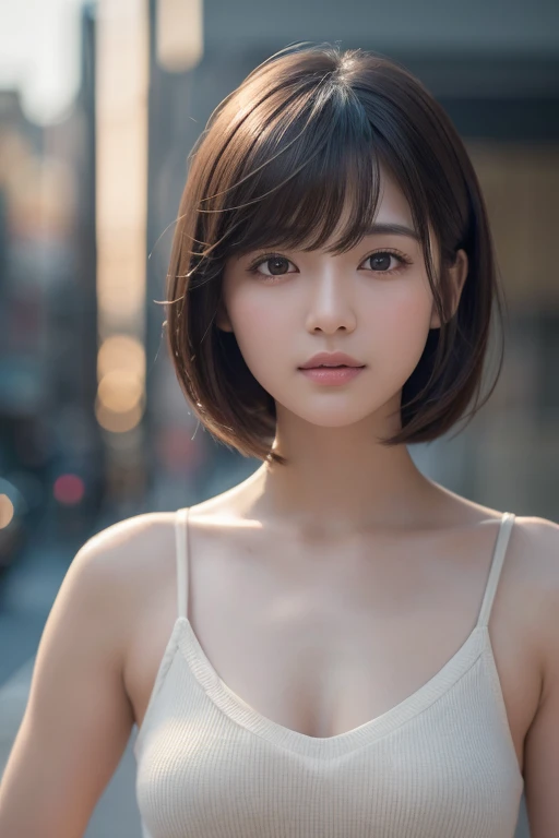 girl, White skin, ((Dark brown short tiered hair)), V cut with layers and bangs, Brown eyes, Soft atmosphere characteristics (Highest quality, Ultra-high resolution, 8k, RAW Photos, Ultra-high resolution: 1.2, masterpiece: 1.3), (Realistic, Realistic: 1.37), Very detailed, Professional Lighting, Photon Mapping, Radio City, 物理ベースレンダring, one person&#39;s, （high school ）, Sharp focus:1.2、Beautiful woman:1.4,cute, Nice, Adorable smile, Normal chest, Cross Necklace、Earrings、ring,(Cleavage)、((Dark brown short hair)),(A cute toothy smile),((((Colorful Bikinis,Cute patterned bikini)),Ocean,Selfie,Lying on the sand,Palm tree))),(sexy, "Fascinating, functional,Emphasis on the crotch)