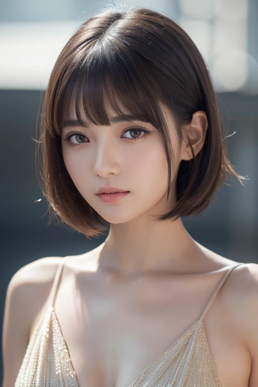 girl, White skin, ((Dark brown short tiered hair)), V cut with layers and bangs, Brown eyes, Soft atmosphere characteristics (Highest quality, Ultra-high resolution, 8k, RAW Photos, Ultra-high resolution: 1.2, masterpiece: 1.3), (Realistic, Realistic: 1.37), Very detailed, Professional Lighting, Photon Mapping, Radio City, 物理ベースレンダring, one person's, (high school ), Sharp focus:1.2、Beautiful woman:1.4,cute, Nice, Adorable smile, Normal chest, Cross Necklace、Earrings、ring,(Cleavage)、((Dark brown short hair)),(A cute toothy smile),((((Colorful Bikinis,Cute patterned bikini)),Ocean,Selfie,Lying on the sand,Palm tree))),(sexy, "Fascinating, functional,Emphasis on the crotch)