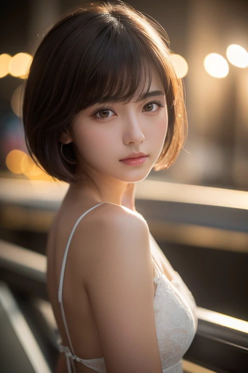 girl, White skin, ((Dark brown short tiered hair)), V cut with layers and bangs, Brown eyes, Soft atmosphere characteristics (Highest quality, Ultra-high resolution, 8k, RAW Photos, Ultra-high resolution: 1.2, masterpiece: 1.3), (Realistic, Realistic: 1.37), Very detailed, Professional Lighting, Photon Mapping, Radio City, 物理ベースレンダring, one person&#39;s, （high school ）, Sharp focus:1.2、Beautiful woman:1.4,cute, Nice, Adorable smile, Normal chest, Cross Necklace、Earrings、ring,(Cleavage)、((Dark brown short hair)),(A cute toothy smile),((((Colorful Bikinis,Cute patterned bikini)),Ocean,Selfie,Lying on the sand,Palm tree))),(sexy, "Fascinating, functional,Emphasis on the crotch)