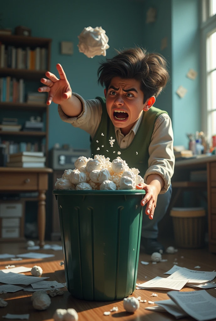 make a picture showing a frustrated student throwing a ball of paper into the trash , with the trash already full of other paper balls