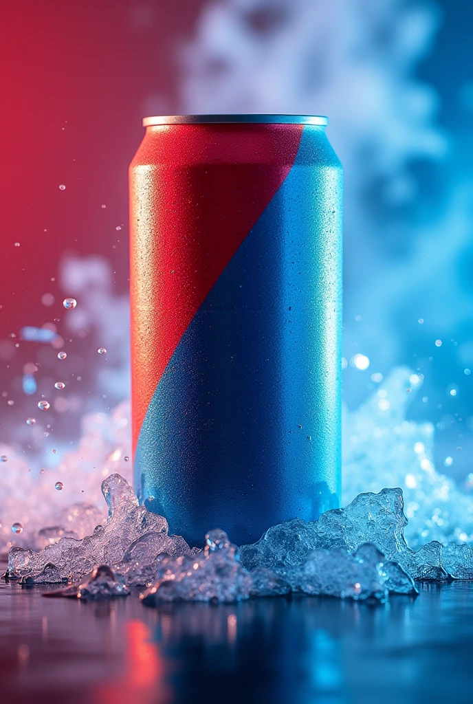 Advertising poster for a canned energy drink with the name of "Red & blue energy" There is water in the air behind the can and the can also looks cold. 