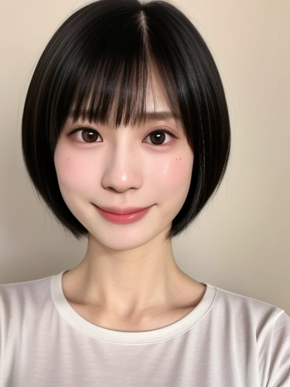 (kawaii 24 year-old Japanese girl, Nogizaka idol, Korean idol), healthy female athlete body, (glossy black hair, short hair, pixie cut, bangs:1.3), (rounded face, pure black eyes, single eyelid, no makeup, best smiling:1.2), (wearing crew neck t-shirt:1.3), extra small breasts, BREAK, (plain white background:1.3), (looking at viewer, facing straight forward camera, photo, bust shot:1.2), BREAK, (masterpiece, best quality, photo realistic, official art:1.4), (UHD, 8K quality wallpaper, high resolution, raw photo, golden ratio:1.3), (shiny skin), professional lighting, physically based rendering, award winning, (highly detailed skin, extremely detailed face and eyes, anatomically correct body), Carl Zeiss 85 mm F/1.4, depth of field, 1girl, solo,