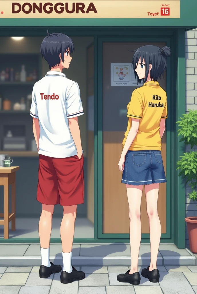 1 Japanese man,Age 16,black short hair,A white school uniform with the words Hojo Tendo written on it.,red shorts,Black School Shoes,1 Japanese woman,Age 20,black short hair,Yellow short-sleeved shirt with Kito Haruka written on it.,short jeans skirt,black shoes,behind,The coffee shop says Donggura.