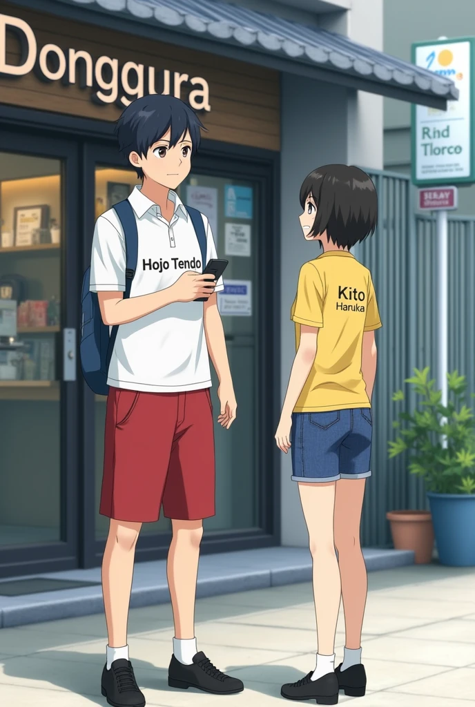 1 Japanese man,Age 16,black short hair,A white school uniform with the words Hojo Tendo written on it.,red shorts,Black School Shoes,1 Japanese woman,Age 20,black short hair,Yellow short-sleeved shirt with Kito Haruka written on it.,short jeans skirt,black shoes,behind,The coffee shop says Donggura.