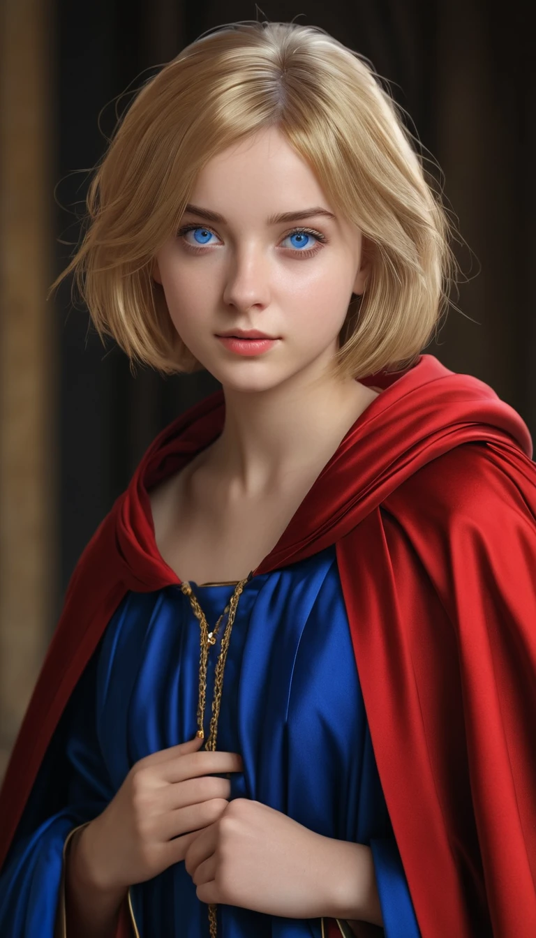 (masterpiece: 1.2, best quality), realistic, (real picture, complex details, depth of field), best quality, masterpiece, high detail, semi-realistic, 1 girl, adult woman, 21 years old, with short golden hair, eyes covered with hair on the left, blue eyes, royal clothes, red cloak, slim figure