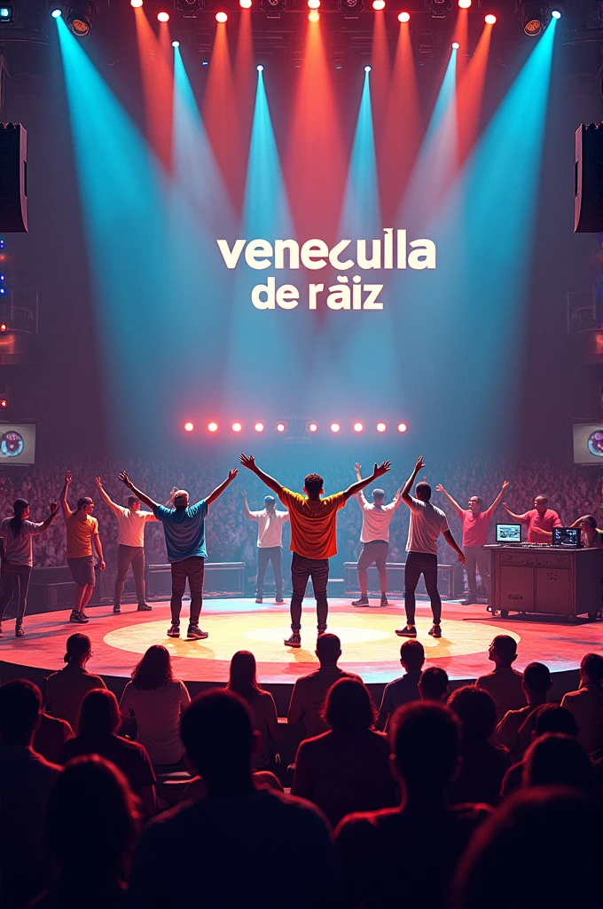 Creates an image of several break dancers and several rappers, several graffiti artists and several DJs on the same stage with a large audience excited, many lights and in the background of the stage a screen with the letters "Venezuela de Raíz"