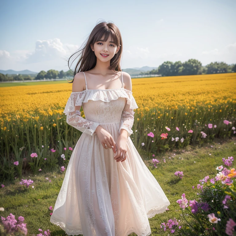 long skirt,in the flower field,Wear a dress,rotate,1 female, On the face, laughing out loud, light brown hair, blunt bangs, hair behind ears, Shoulder-length hair, long hair, Slender body type, 超face slimming型, face slimming, delicate lips, beautiful eyes, Thin blush, Eyes are light brown,View here, (actual:1.3), One person's perspective, 8k, Super detailed, high quality, best quality, High resolution, ,Large Breasts,H cup, 21 years old,Cold Shoulder Top,Lace top