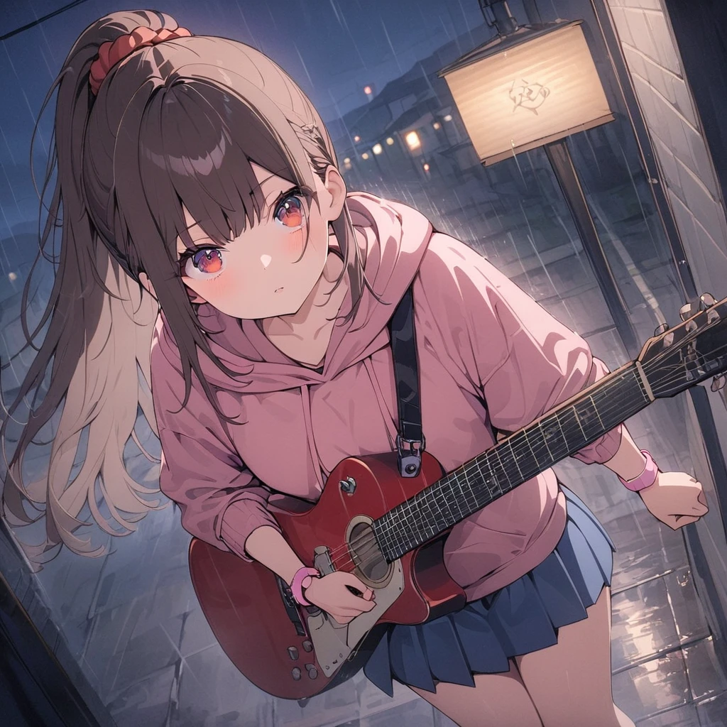 (((anime))) One woman standing,Woman is looking upwards,Holding a guitar,Red base (Brown Hair),Long Hair,ponytail,Red scrunchie (Red eyes), Light red colored hoodie,Roll up your sleeves,Pink Wristbands,White Line,Navy blue mini skirt in the rain,night,star masterpiece,Highest quality,Exquisite,8k,Absurd,Ultra-fine illustrations,(View your viewers)