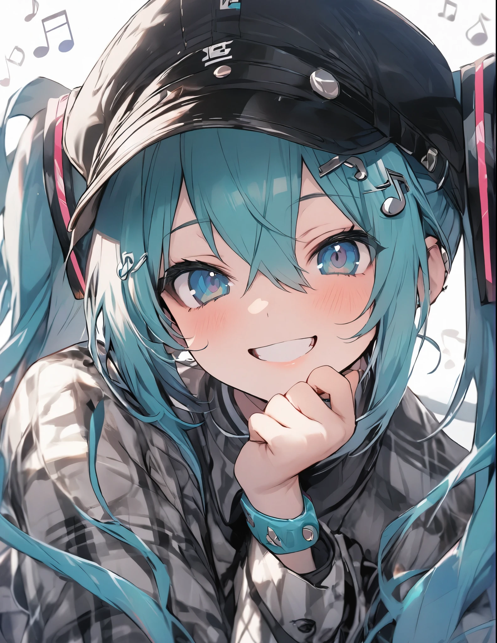 masterpiece、hatsune miku、twin tail、 musical note shaped hair ornament、wear a cap, plaid happi coat、smile、Focus on the face, ((Musical notation background))