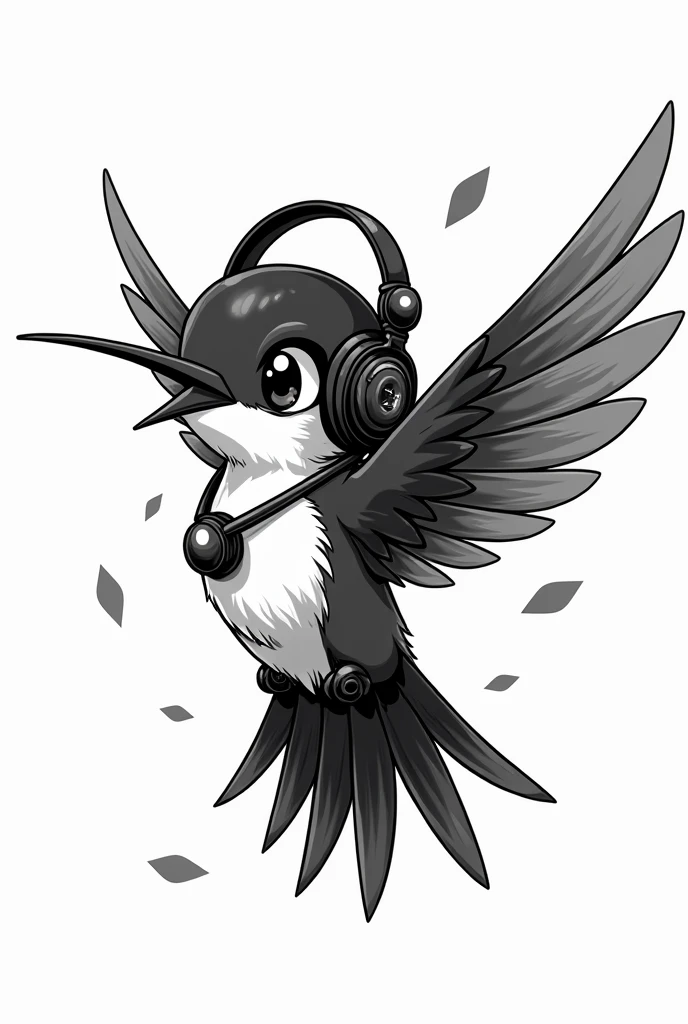 black and white hummingbird anime with headphones, and a blin blin necklace