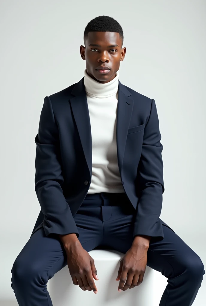 best qualityer:1.4), (ultra high resolution:1.2), (photorrealistic:1.4), (8k, CRU photo:1.2), a thin young man of 20 years old, brown skin, with a smooth, beardless face, low fade haircut, with shaved sides and a slightly high top, similar to the fade or taper haircut style, white turtleneck shirt with a navy blue coat on top, navy blue dress pants, is sitting on a white cube. You are in a photography studio with a white background. Camera focuses on the face. He has a seductive face for the camera