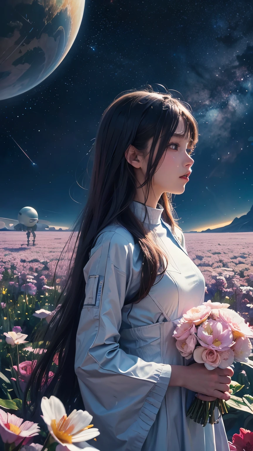 "((Galactic)) A scene depicting an alien girl surrounded by a symphony of clouds, bright colored splashes, and delicate flowers, An imaginative composition that stimulates the viewer's curiosity"