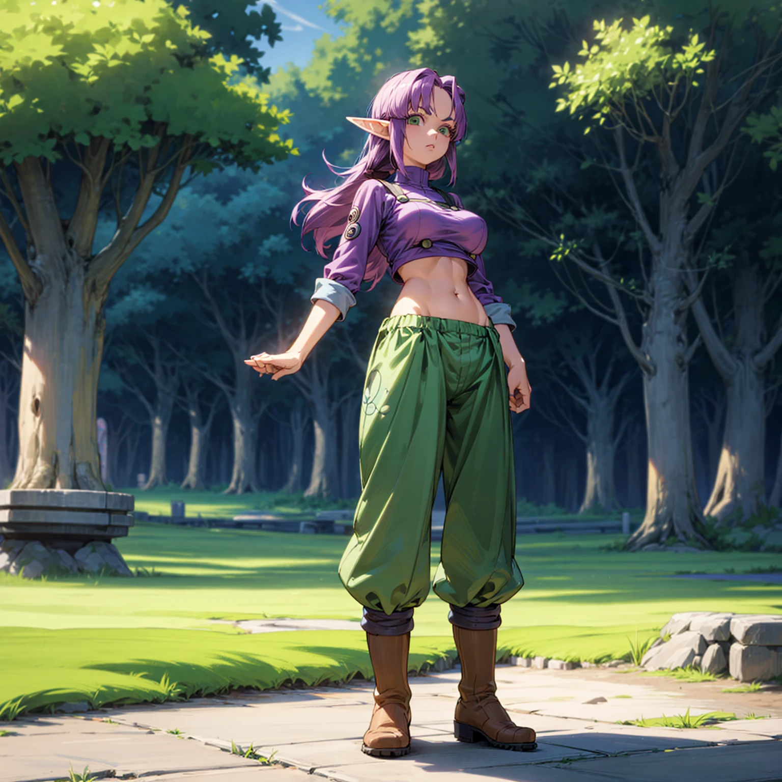 Solo character, full body version, girl, very big breast, (elf), green eyes, purple color hair, long bob hair, crop top shirt, blue long pants, boots, outdoor, village, detailed background, detailed clothing, detailed hair, muscle, standing gesture, (Doraemon style art, one piece style art)