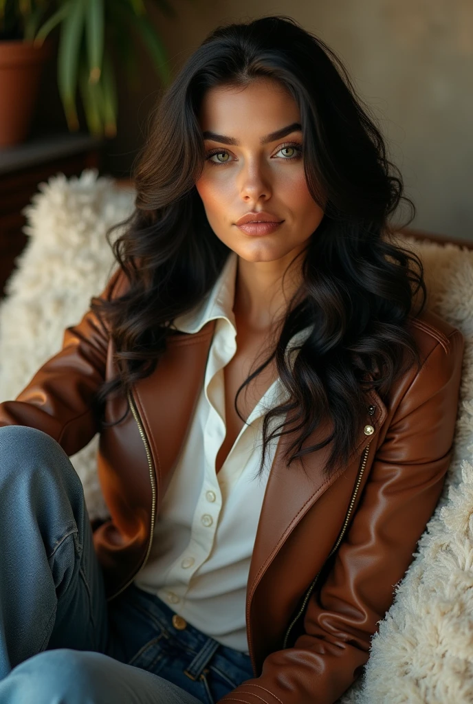 Beautiful white woman, wavy lush long black gair, green eyes, wearing brown biker leather jacket, white formal button down blouse, shy smile, wide leg denim pants, lying on sofa, high hills sandals, sunny day