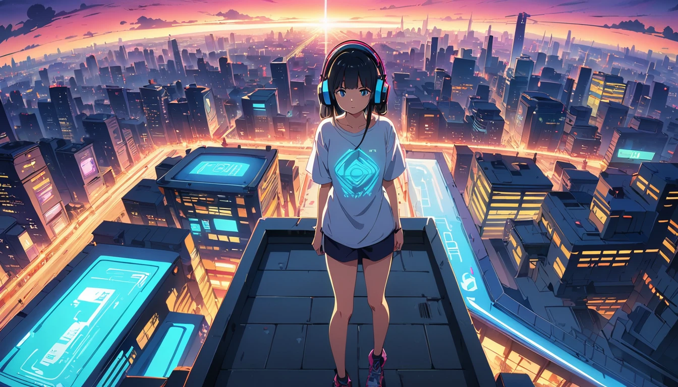(masterpiece, Highest quality:1.2), (Anime artwork, Anime Style, Studio Anime, Very detailed, Latest, Vibrant, Anime Coloring, High Contrast, masterpiece:1.2, Highest quality, Best aesthetics), ((View from the roof of the building:1.2, A woman stands on the rooftop, overlook, A view so beautiful it makes your legs tremble)), Cyber City, ((Digital Cyberpunk - Anime Art)), Shortcuts, Eyes of determination,((Oversized T-shirt))Headphones