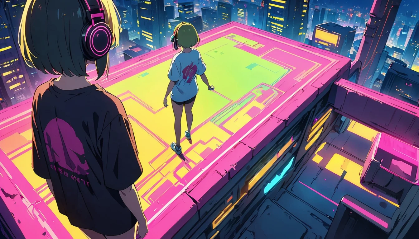 (masterpiece, Highest quality:1.2), (Anime artwork, Anime Style, Studio Anime, Very detailed, Latest, Vibrant, Anime Coloring, High Contrast, masterpiece:1.2, Highest quality, Best aesthetics), ((View from the roof of the building:1.2, A woman stands on the rooftop, overlook, A view so beautiful it makes your legs tremble)), Cyber City, ((Digital Cyberpunk - Anime Art)), Shortcuts, Eyes of determination,((Oversized T-shirt))Headphones