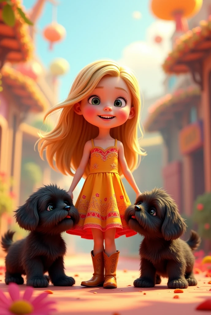 Cute blonde girl wearing a dress and cowboy boots, 2 black shih tzu puppies bright colors in background 3D Pixar style