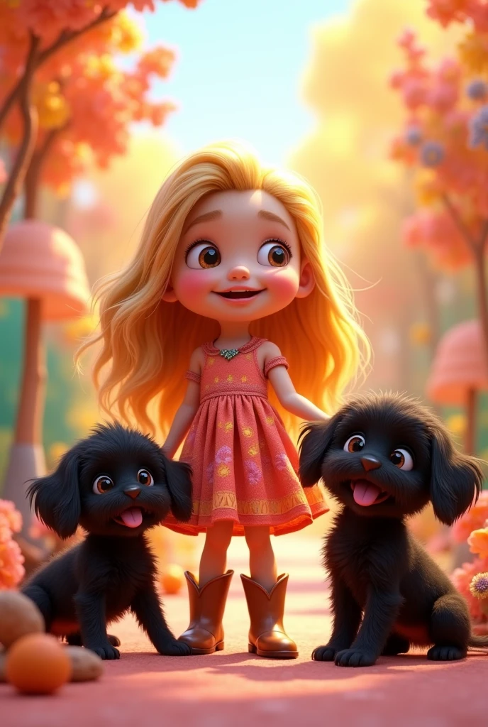 Cute blonde girl wearing a dress and cowboy boots, 2 black shih tzu puppies bright colors in background 3D Pixar style