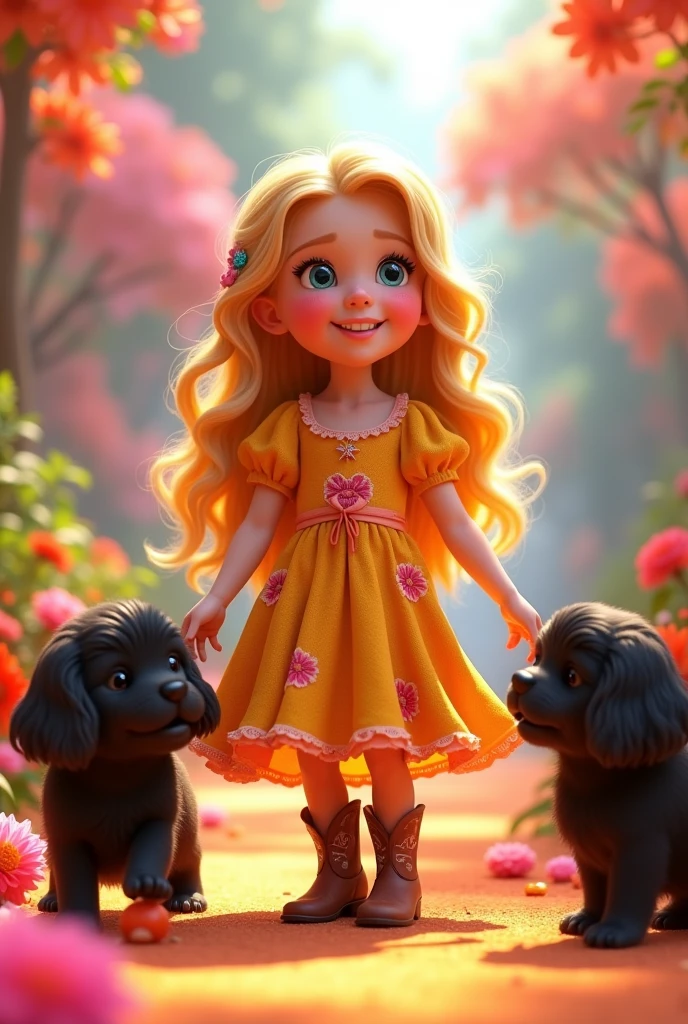 Cute blonde girl wearing a dress and cowboy boots, 2 black shih tzu puppies bright colors in background 3D Pixar style