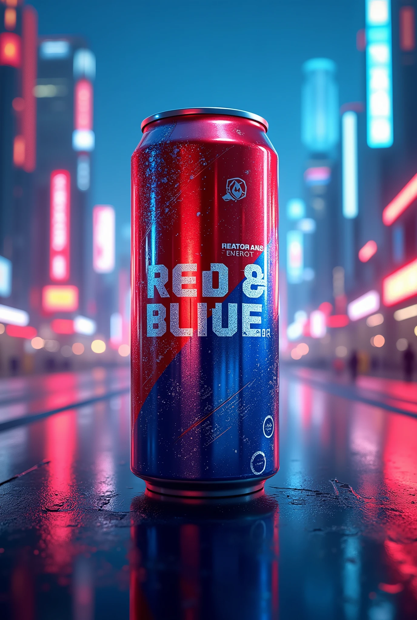 Advertising poster for an energy drink called "Red & blue energy" The name must appear on an aluminum can