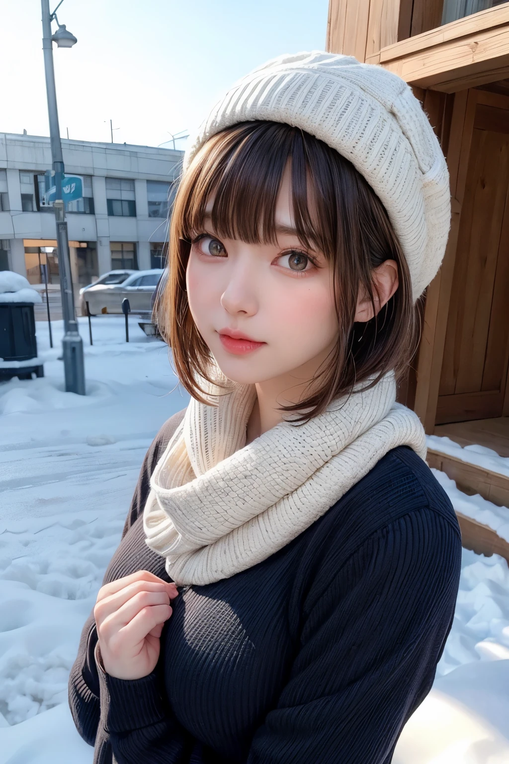 (masterpiece, Highest quality),One Girl, solo, Black-haired, scarf, hat, Realistic, Realistic, Looking at the audience, Light-coloured black eyes, Short brunette bob hair, Brown coat, Winter clothes, White headscarf, Lips, Bans, Plein Air, Mouth closed, Upper body、Big eyes、Eyelashes、((Beautiful landscape with sparkling snow))、(((Short bob hair with bangs、Shiny Hair、Big eyes、large full chest、Intensely accentuates the eyes、Staring at the audience、Beautiful beauty、Listen carefully、Long neck、Smile a little、Please close your mouth and laugh、Ideal body proportions)))、{huge|big|hugeな|Mega} chest:2, chestの谷間:2