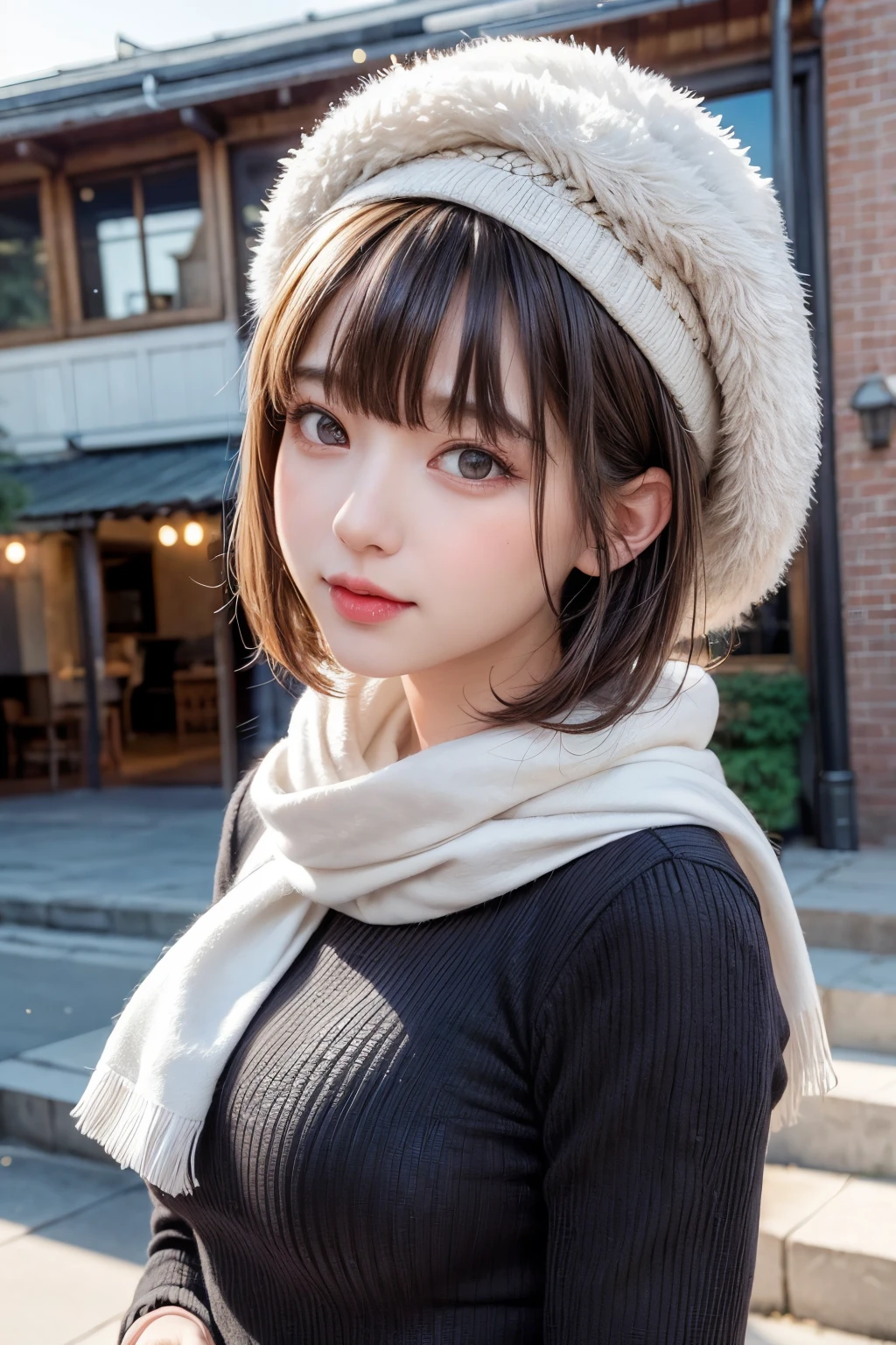 (masterpiece, Highest quality),One Girl, solo, Black-haired, scarf, hat, Realistic, Realistic, Looking at the audience, Light-coloured black eyes, Short brunette bob hair, Brown coat, Winter clothes, White headscarf, Lips, Bans, Plein Air, Mouth closed, Upper body、Big eyes、Eyelashes、((Beautiful landscape with sparkling snow))、(((Short bob hair with bangs、Shiny Hair、Big eyes、large full chest、Intensely accentuates the eyes、Staring at the audience、Beautiful beauty、Listen carefully、Long neck、Smile a little、Please close your mouth and laugh、Ideal body proportions)))、{huge|big|hugeな|Mega} chest:2, chestの谷間:2