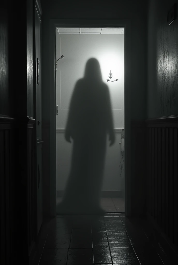 A spooky room in a drug rehabilitation center where there is a shadow of a human (shades of black and white)