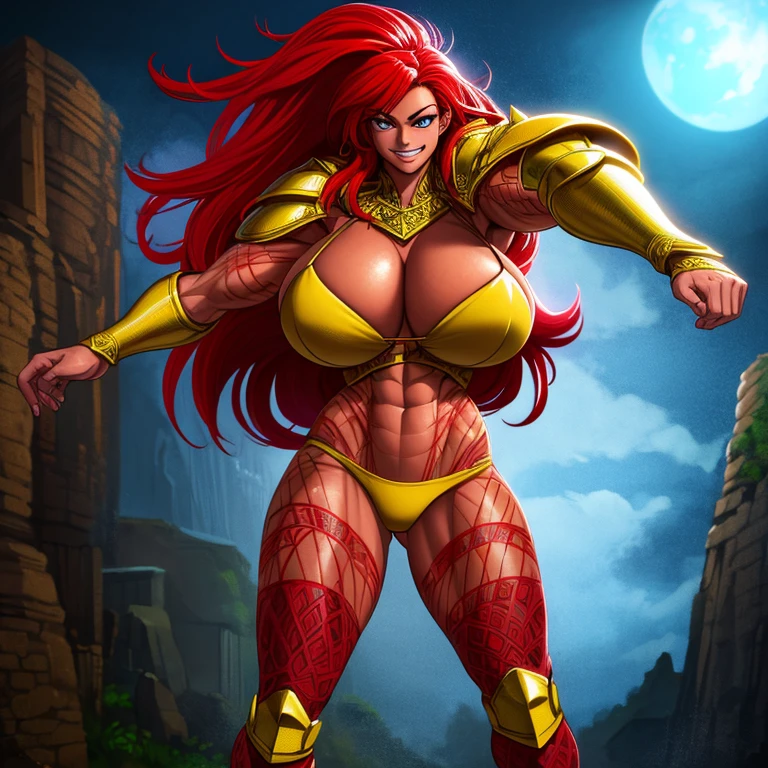 muscular girl, huge breasts, tomboy, long red hair, bikini armor, smiling, crazy smile, goddess, detailed face, extremely detailed eyes, intricate details, cinematic lighting, high quality, digital painting, fantasy, 8k, photorealistic, dramatic lighting, vibrant colors, dynamic pose