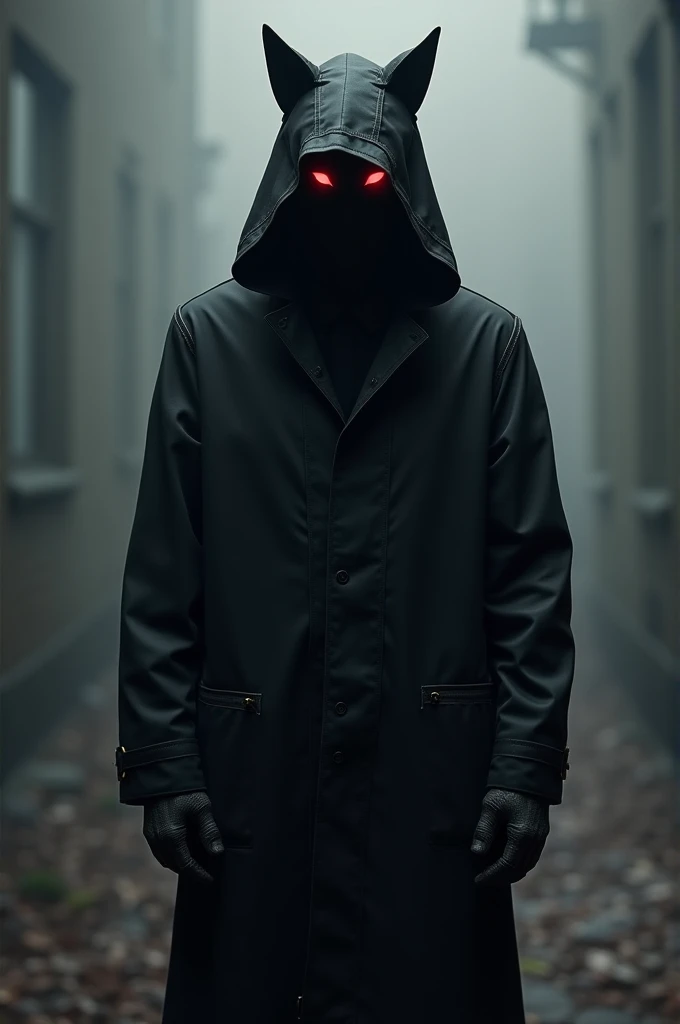 A guy in a black overcoat with jeans and sneakers, the coat has a hood with cat ears, inside the hood is a void with only two red orbs as eyes.