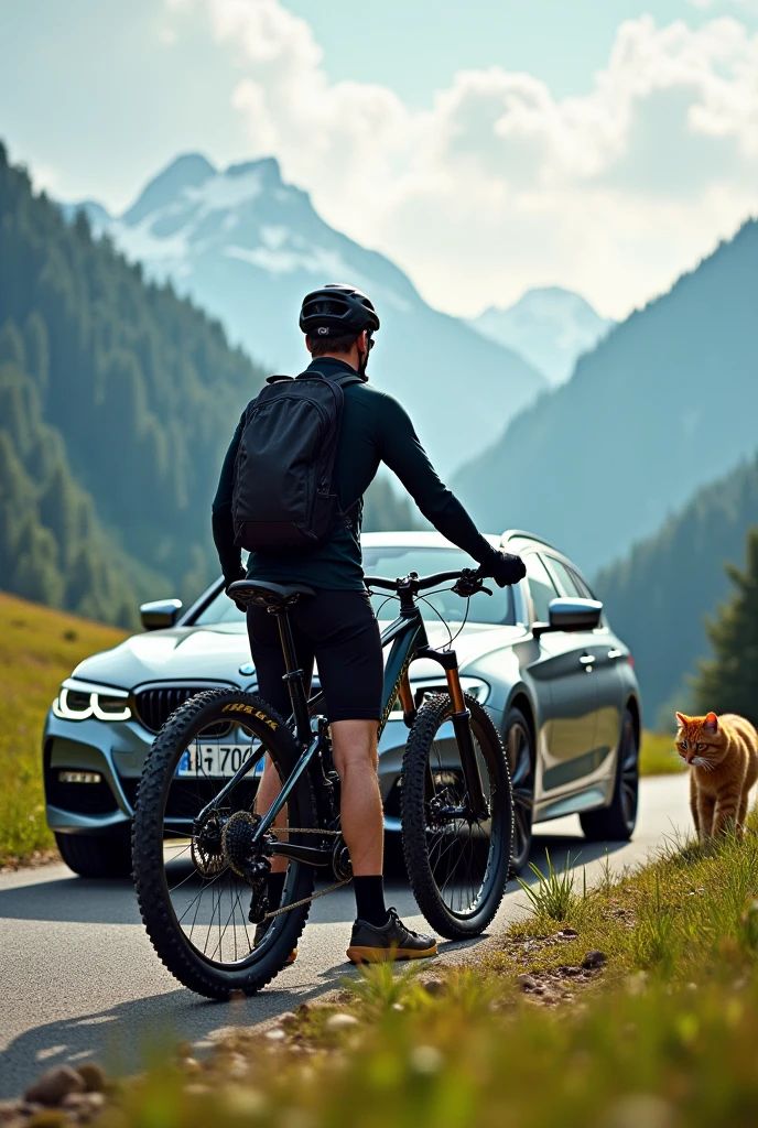 Create a picture of a mountain biker with a Trek mountain bike. The bike is black. The bike is fully suspended. The bike has no battery. The mountain biker is 25 years old. The mountain biker wears a black helmet. The mountain biker wears fast glasses. 

The mountain biker stands in front of a new BMW 3 Series Touring. The BMW 3 Series Touring is grey. 

The picture is in Switzerland. An orange cat is in the picture. 