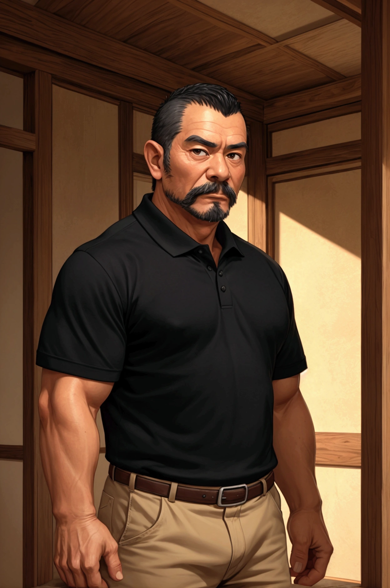 masterpiece,high quality,cowboy shot,standing, 1 man, Japanese man, Middle-aged man, 52 years old, black eyes, buzz cut, black hair, polo shirt, realistic, front view, from the front, looking at viewer, in the room,