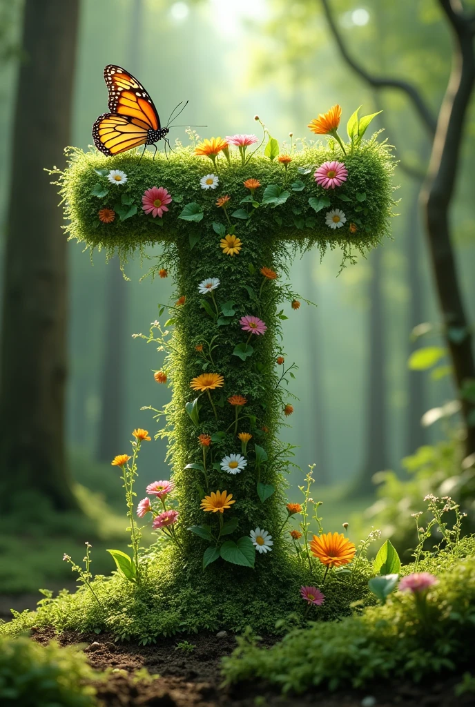 Alphabet "T" image with floral & butterfly in portrait background. i want forest vibe make the alphabet with grass,flower and butterfly resting.