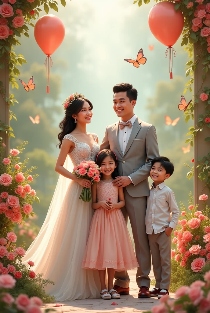 Real pinoy wedding couple with daughter girl 7 years old with gown and boy 6 years old with attire with flowers baloons butterflies