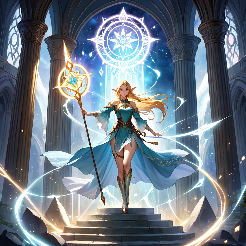 Masterpiece, Extremely detailed, best quality, photorealistic, magnificent, celestial, ethereal, epic, majestic, magical, fantasy art, cover art, dreamy, full body shot, BREAK, ethereal fantasy concept art of a brave elf dnd wizardess., staff in right hand, surrounded by runes of light, dynamic pose