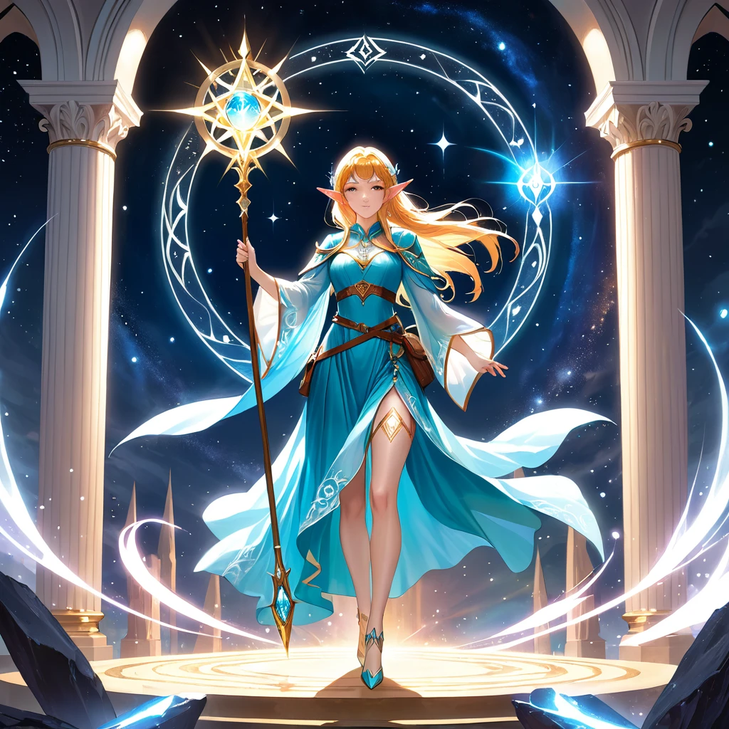 Masterpiece, Extremely detailed, best quality, photorealistic, magnificent, celestial, ethereal, epic, majestic, magical, fantasy art, cover art, dreamy, full body shot, BREAK, ethereal fantasy concept art of a brave elf dnd wizardess., staff in right hand, surrounded by runes of light, dynamic pose