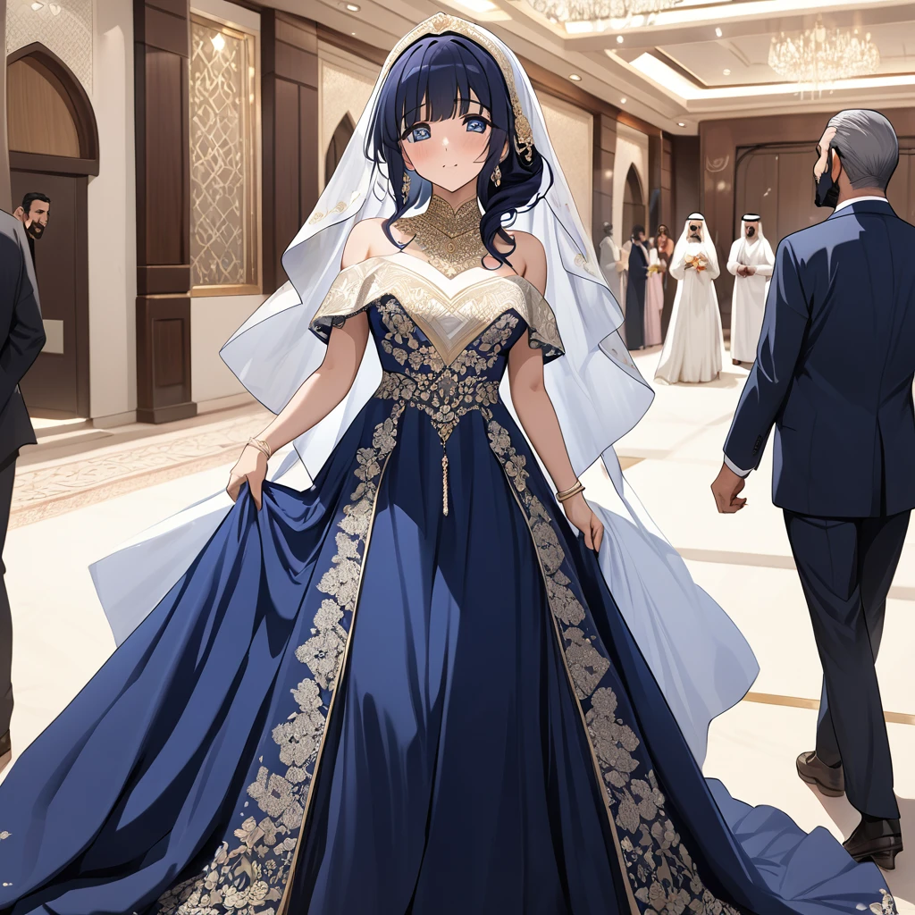 ((Highest quality)), ((masterpiece)), (detailed), （Perfect Face）、The woman is Aoki Reika, with midnight blue, medium-long hair, and is wearing an Arabic traditional wedding dress.、At an Arab wedding hall, a woman is getting married to a middle-aged, bearded Arab oil tycoon.