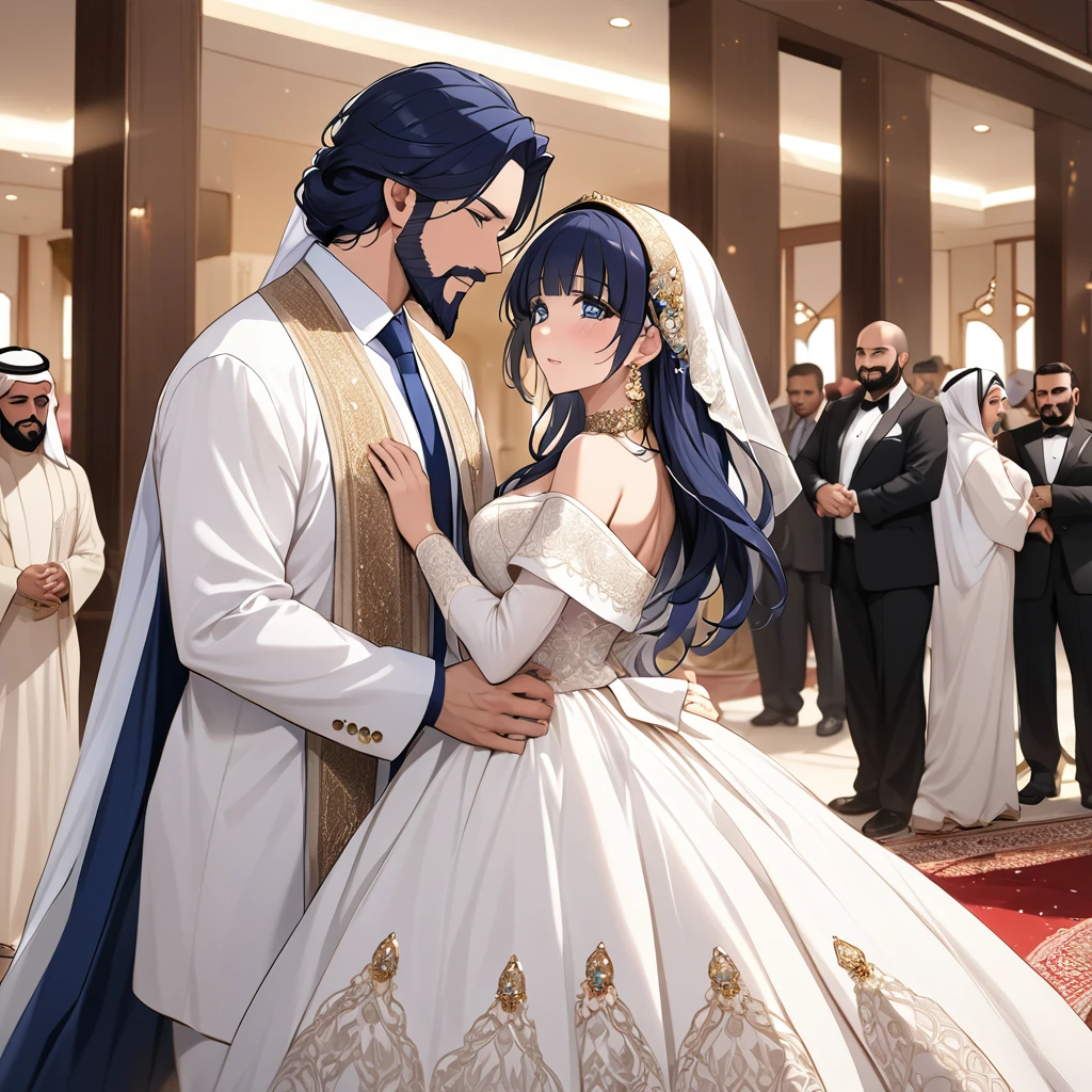 ((Highest quality)), ((masterpiece)), (detailed), (Perfect Face)、The woman is Aoki Reika, with midnight blue, medium-long hair, and is wearing an Arabic traditional wedding dress.、At an Arab wedding hall, a woman is getting married to a middle-aged, bearded Arab oil tycoon.