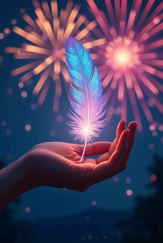 hand、handのひらに一枚の天使の羽根、Iridescent Feathers、5refer to、Beautiful fireworks background in the night sky、Highest quality、Mystical Wings