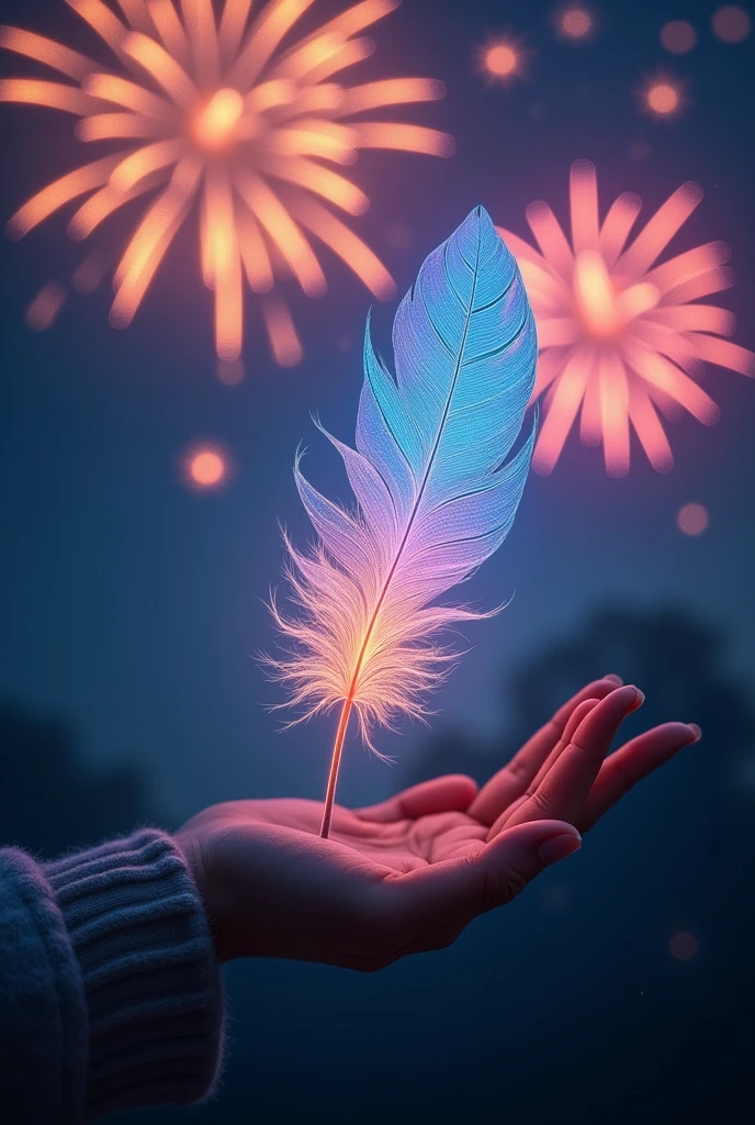 hand、handのひらに一枚の天使の羽根、Iridescent Feathers、5refer to、Beautiful fireworks background in the night sky、Highest quality、Mystical Wings