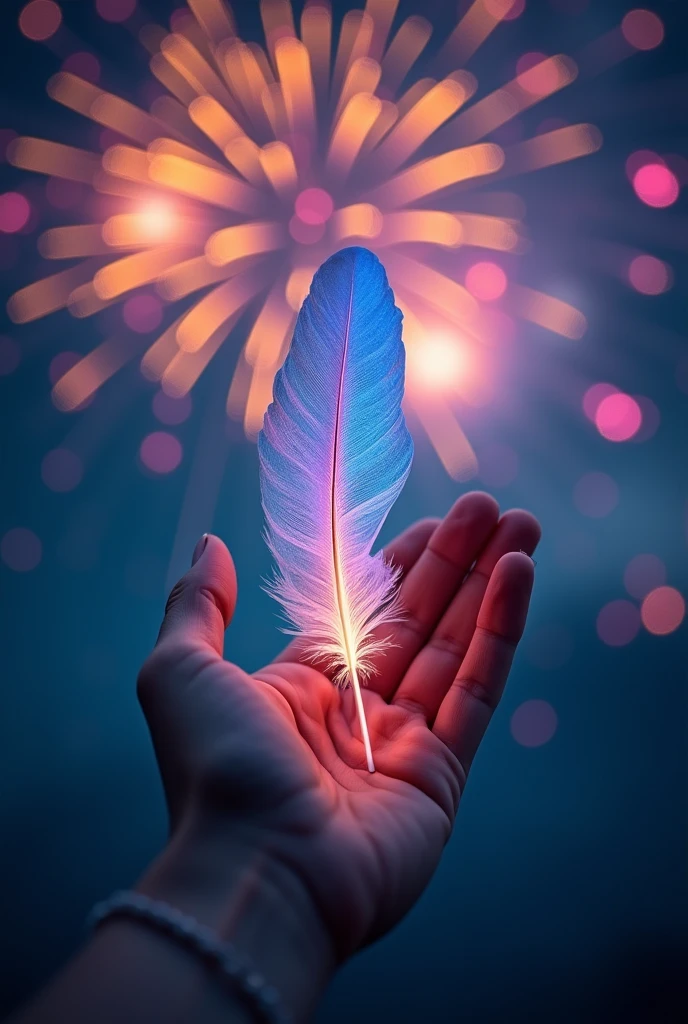 hand、handのひらに一枚の天使の羽根、Iridescent Feathers、５refer to、Beautiful fireworks background in the night sky、Highest quality、Mystical Wings