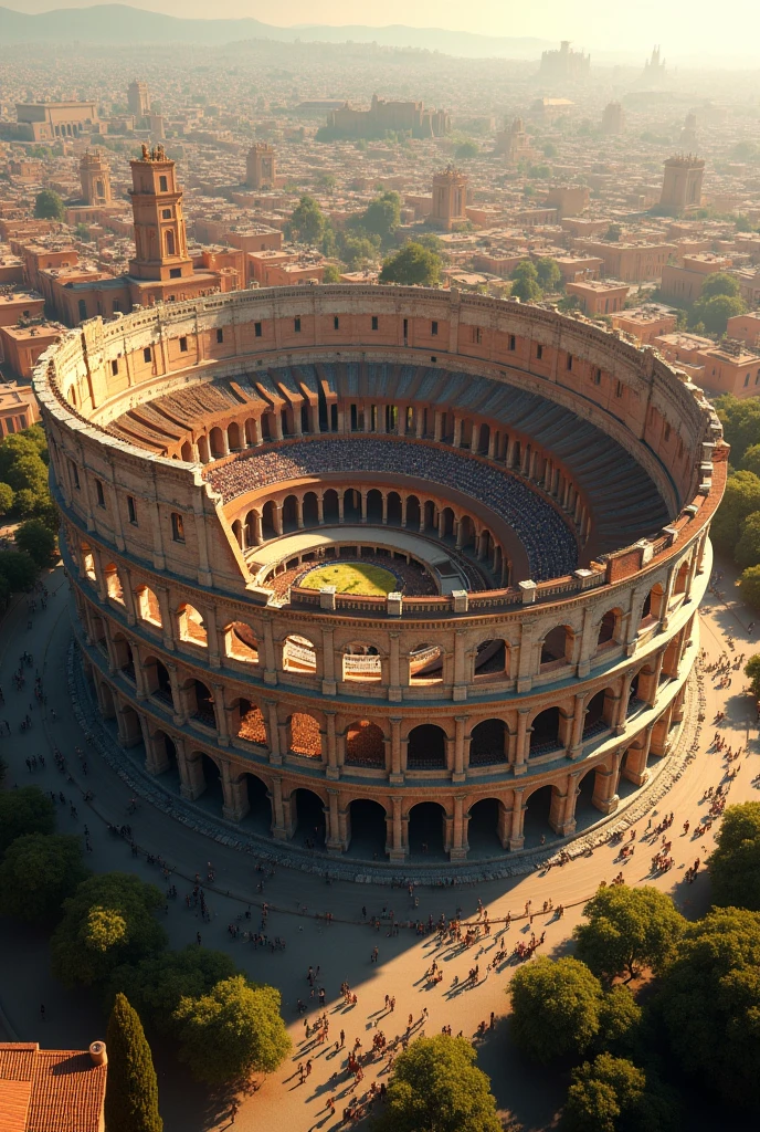 Create an image of the colisseum in its glory in ancient Rome, from a top angle showing it from the front showing it completely, with its full stands