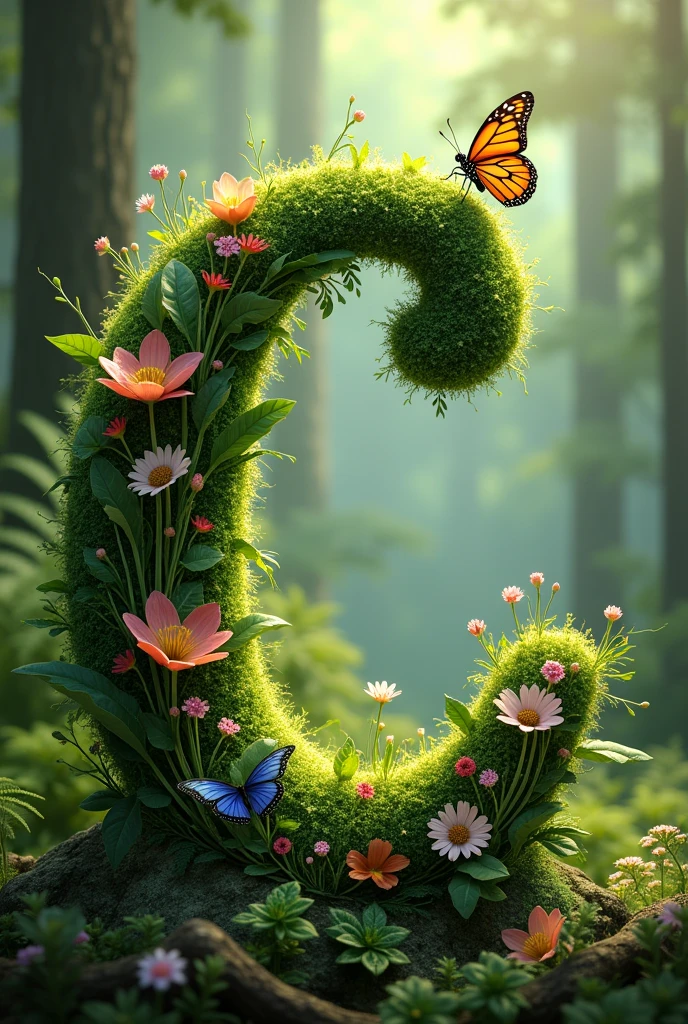 Alphabet "C" image with floral & butterfly in portrait background. i want forest vibe make the alphabet with grass,flower and butterfly resting.