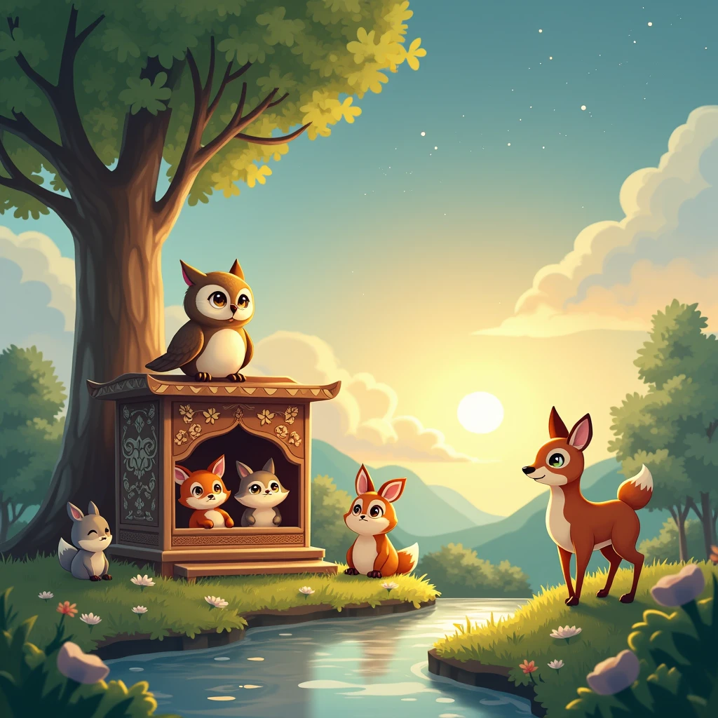 2d, Simple and cute, with gentle colors like a picture book , 8k, Highest quality,Big anime eyes,cute,In the foreground、Fox、rabbit、The deer、Gathered around a beautifully decorated antique Kamishibai stage、A gentle and wise owl telling a story,The animals have a soft and friendly look.、Listening intently to the story,In the background、A tall tree with gentle sunlight filtering through its leaves々and、The painting depicts a small stream quietly flowing nearby.,In the sky、The stars begin to twinkle、黄昏から夜明けへand移り変わる穏やかな空が広がっている