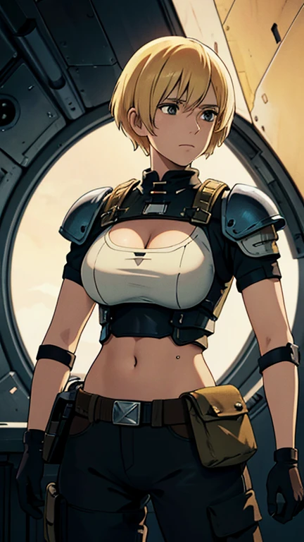 (DeunanKnute,1girl,blonde hair,short hair,brown eyes), (extremely detailed CG unit 8k wallpaper),(master part), (best quality), (ultra detail), (best illustration),(Spaceship bridge), cowboy shot, (Sharp eyeliner, ombre, detailed eyes:1), break , (ghibli style), upper body, midriff,cleavage cutout,shoulder pads,armor, elbow pads,gloves, belt,pouch, military,pants, 