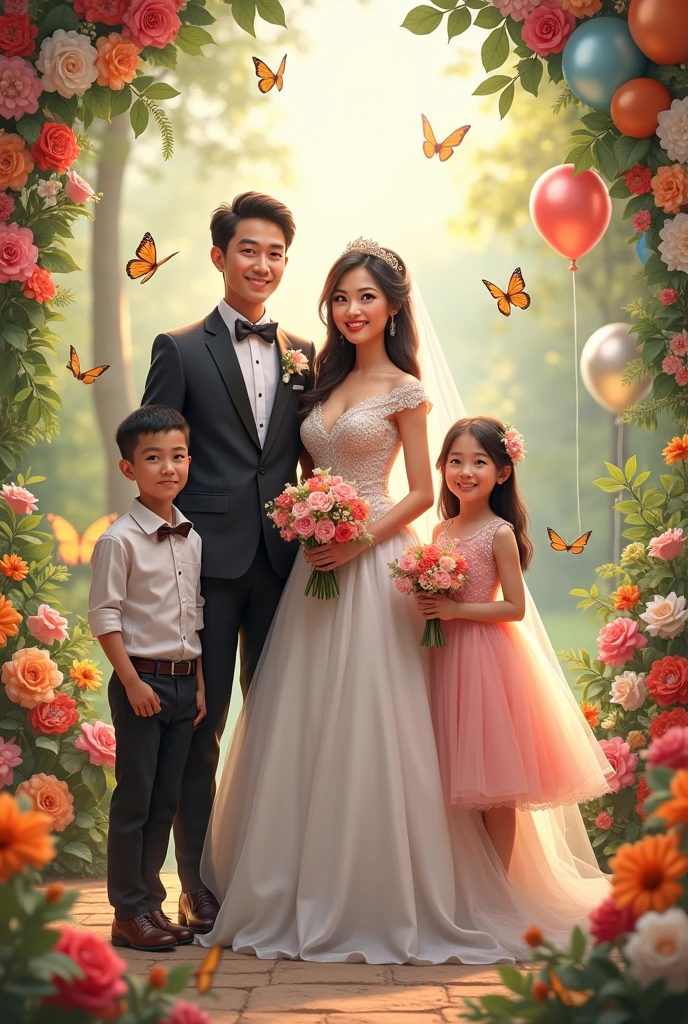 Real pinoy wedding couple with daughter girl 7 years old with gown and boy 6 years old with attire with flowers baloons butterflies