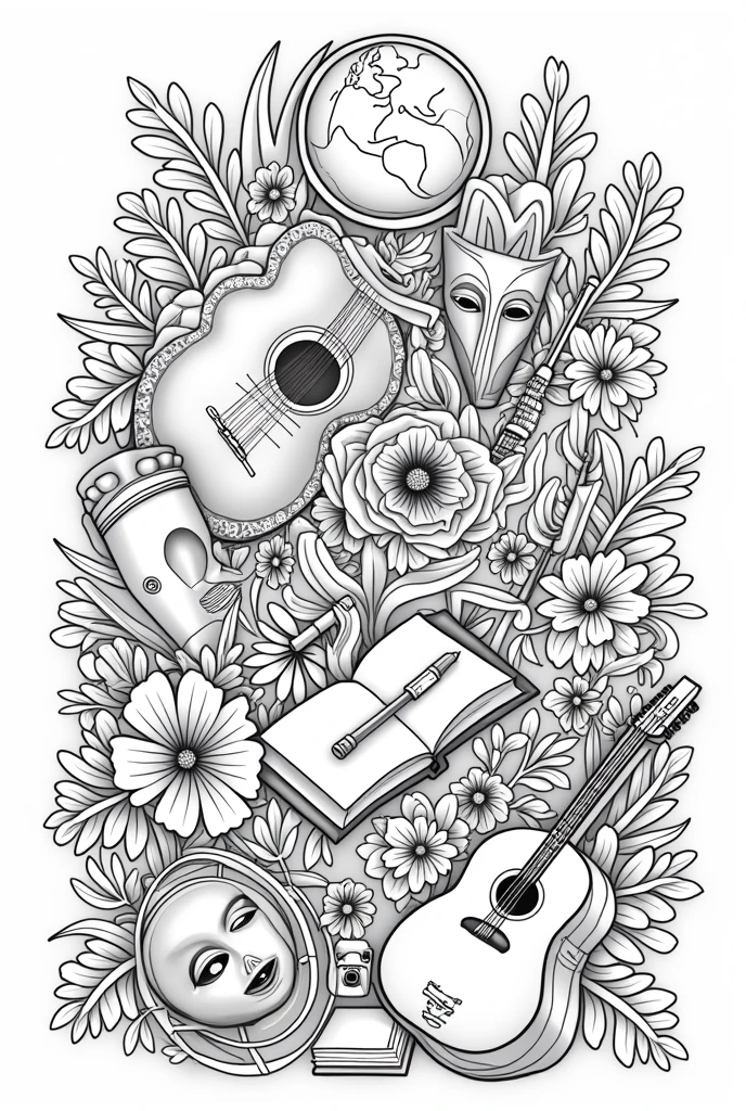 black and white linear drawing with various cultural elements, spread out, occupying the entire space in a mosaic. drums, tambourine, transverse flute, cuica, cavaquinho, guitar, theatre mask, flowers, cameras, terrestrial globe, textbooks, saxophone, mike,



